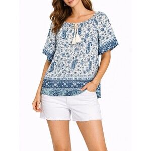 Lucky Brand White Boho Peasant Top Tassel Paisley Floral